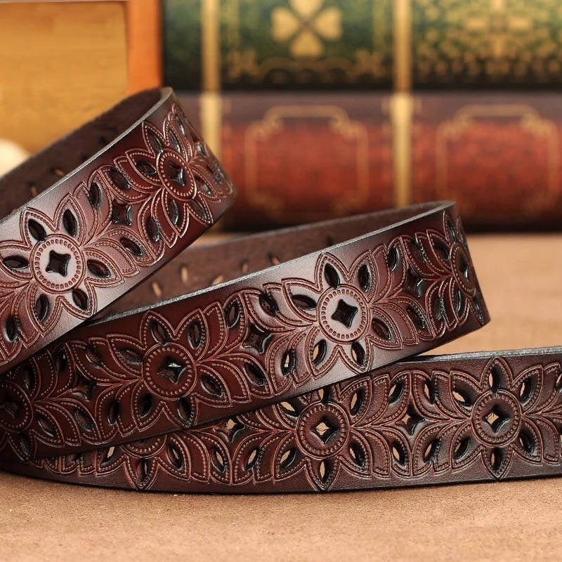 Hollow Pattern Trend Waistband Genuine Vintage Pin Buckle Strap Jeans Belt for Women