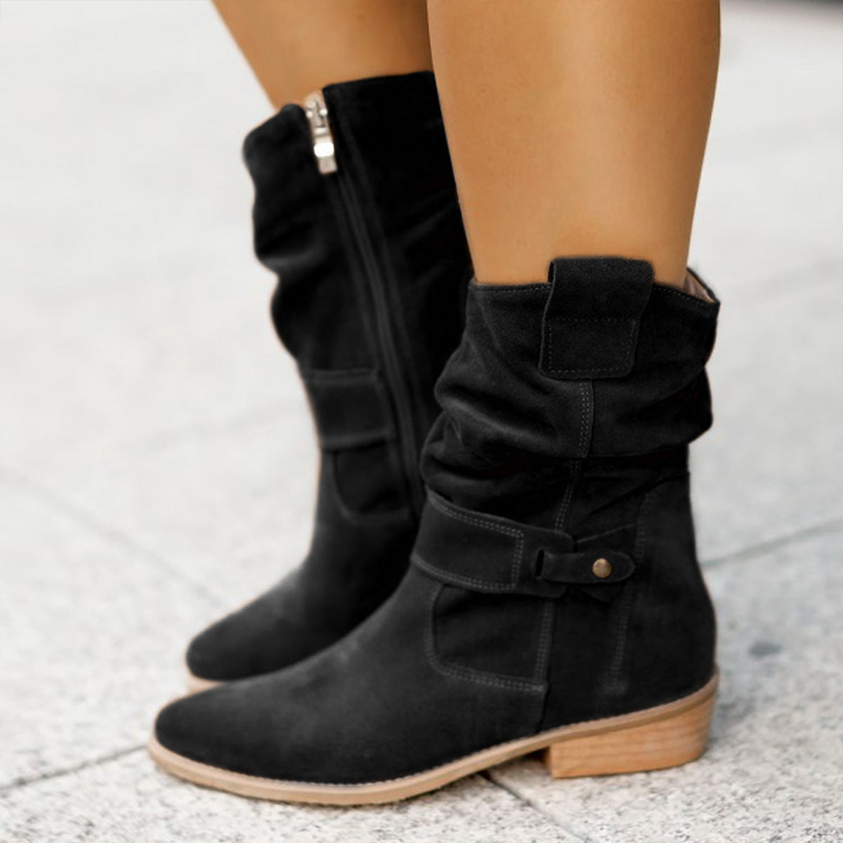 Pointed Toe Mid-calf Boots Fashion Suede Zipper Western Boot Winter Shoes For Women Koalakits36