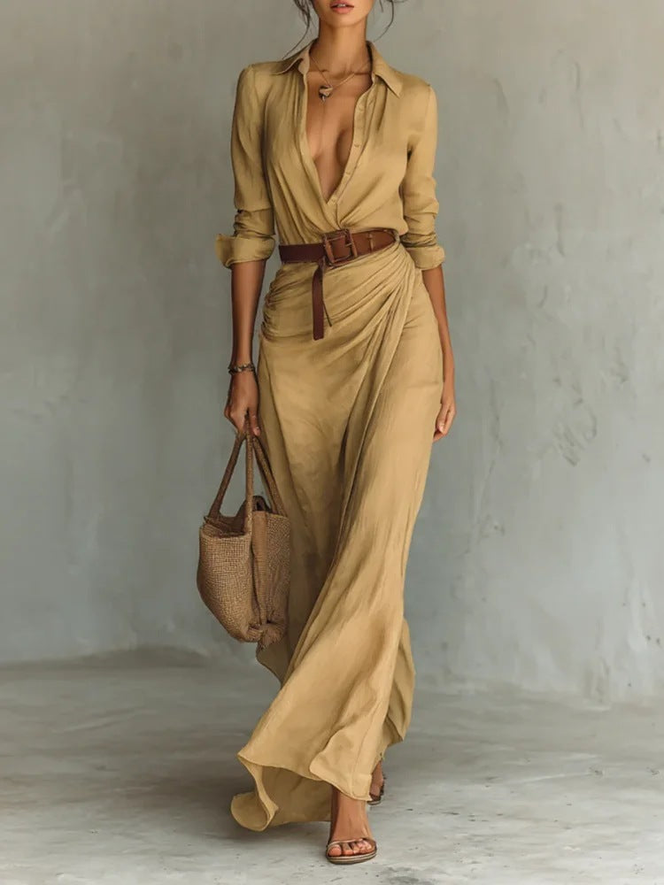 Irregular Long Dress With Belt Fashion And Elegant Button Lapel Long-sleeved Shirt Dresses Daily Office Commuting Clothing For Women Koalakits36