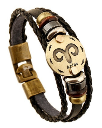 12 Zodiac Constellation Leather Bracelet – Stylish Metal Sign Charm & Beaded Wristband for Men and Women