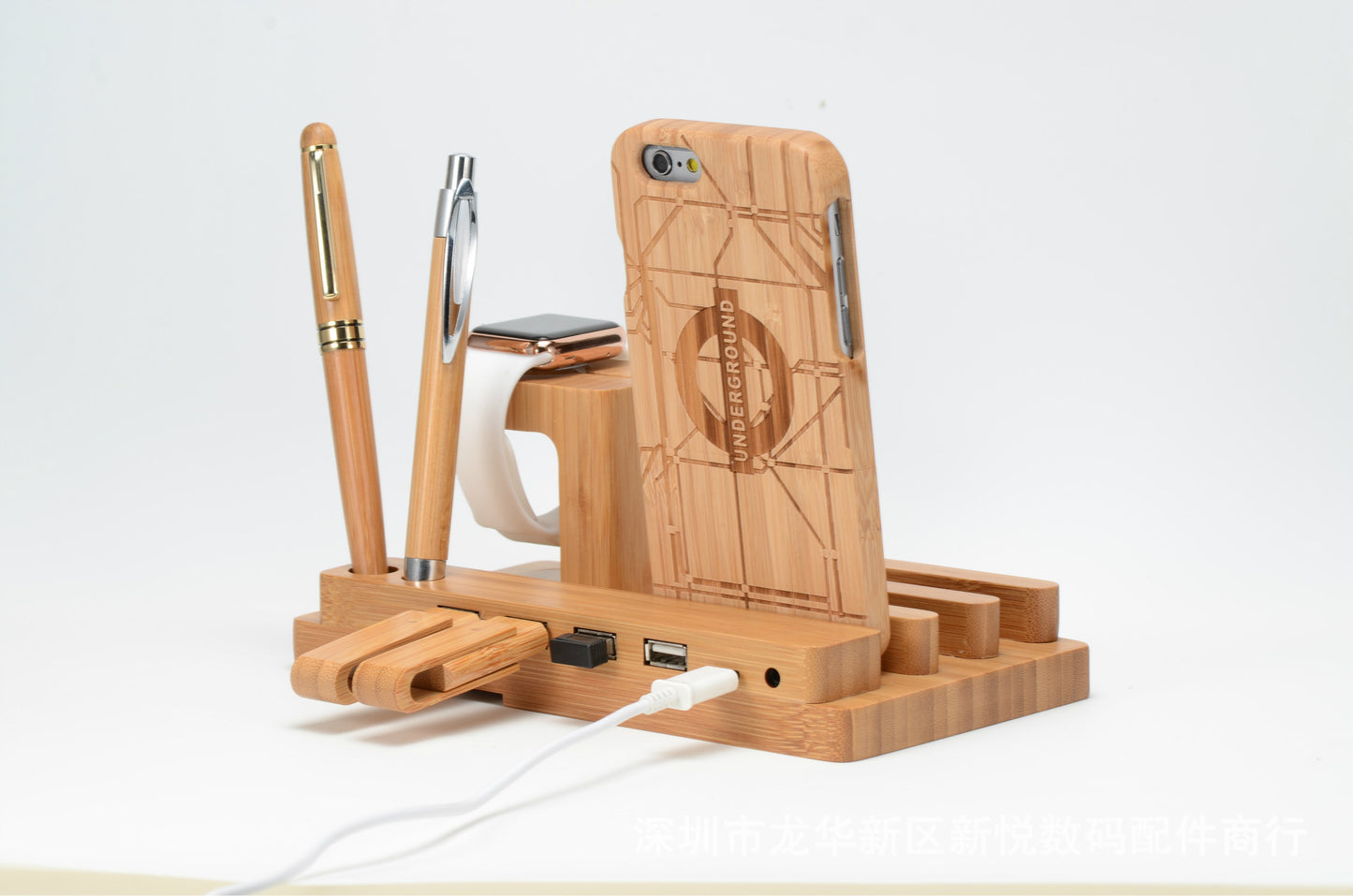 Compatible with Apple , Bamboo, wood and Mobile Apple watch bracket charging wooden bracket multi-function flat cell phone base