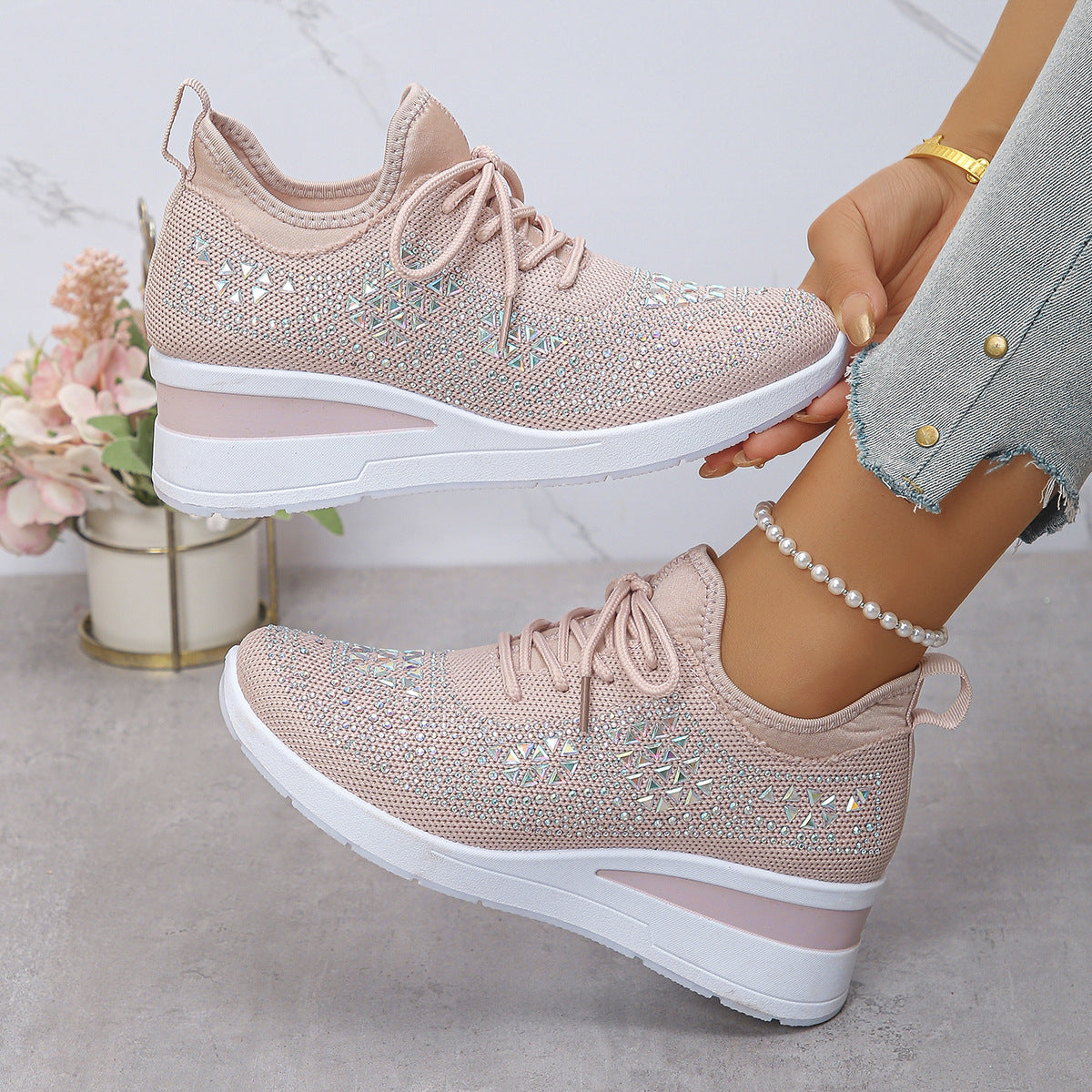 Rhinestone Sneakers Fashion Lace Up Wedges Casual Shoes Women's Daily Commuting Sports Shoes Koalakits36