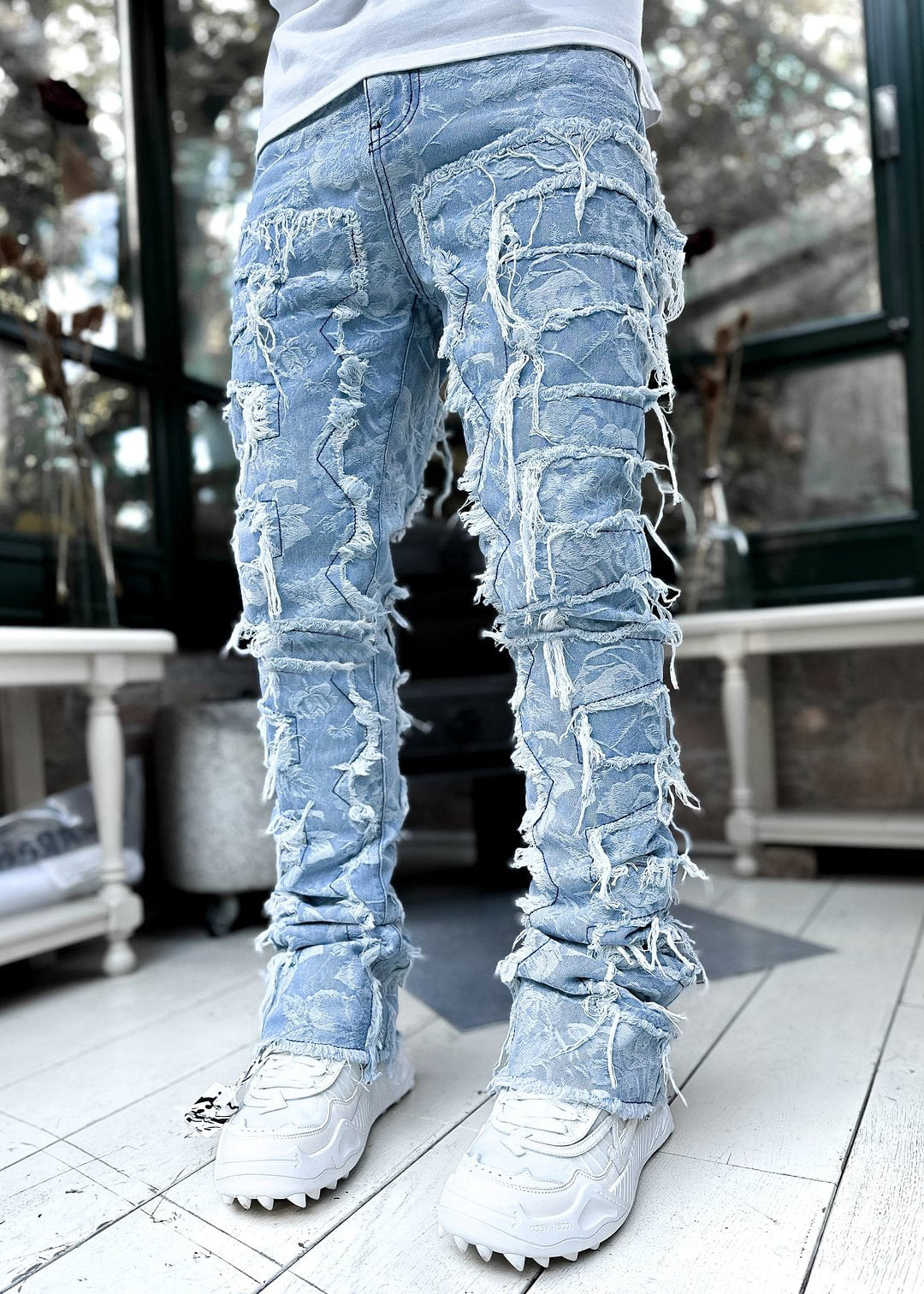 Fringes Ripped Trousers Individual Patched Pants Long Tight Fit Stacked Jeans For Mens Clothing Koalakits36