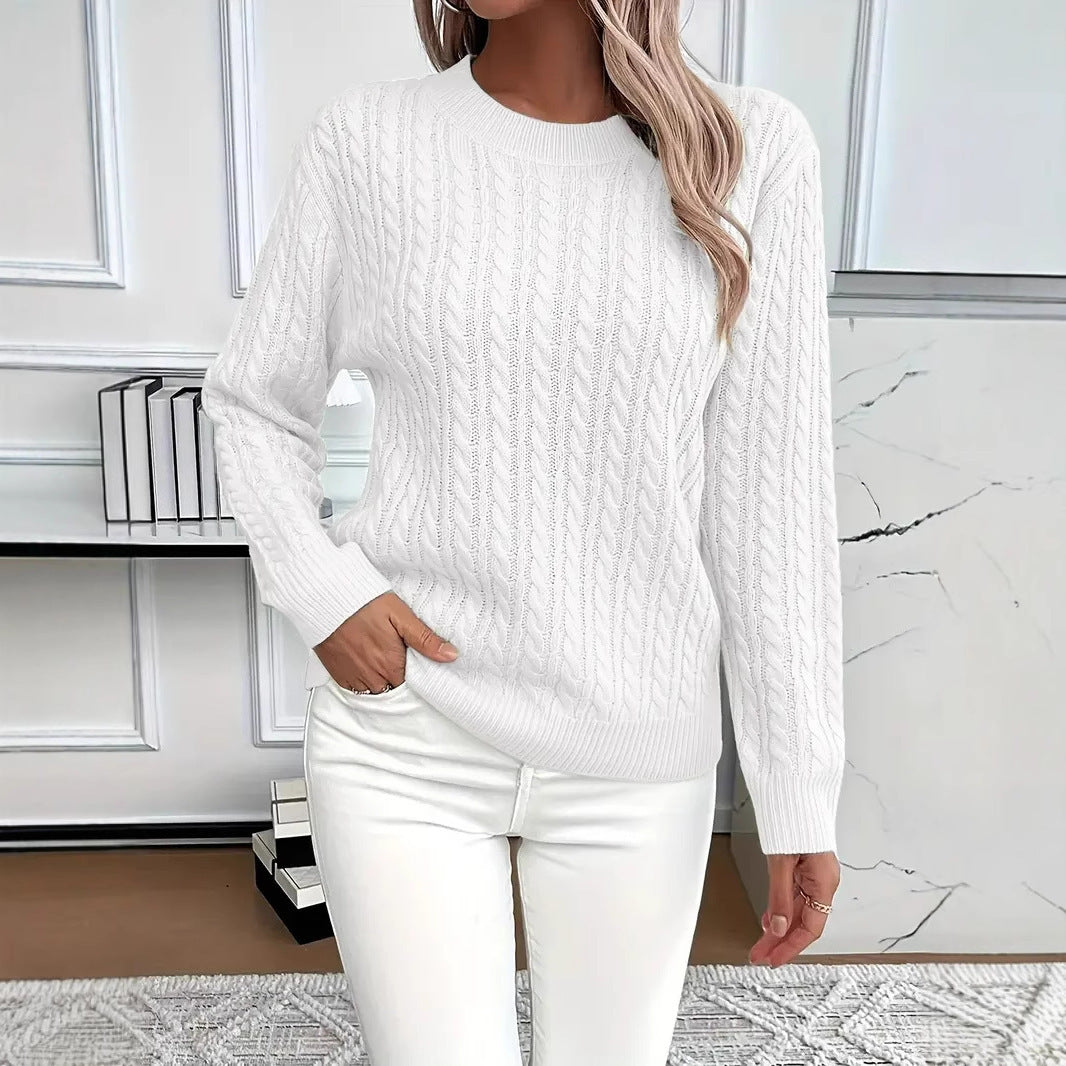 Twist Round Neck Pullover Sweater Fashion Solid Color Long-sleeved Knitted Top Koalakits36