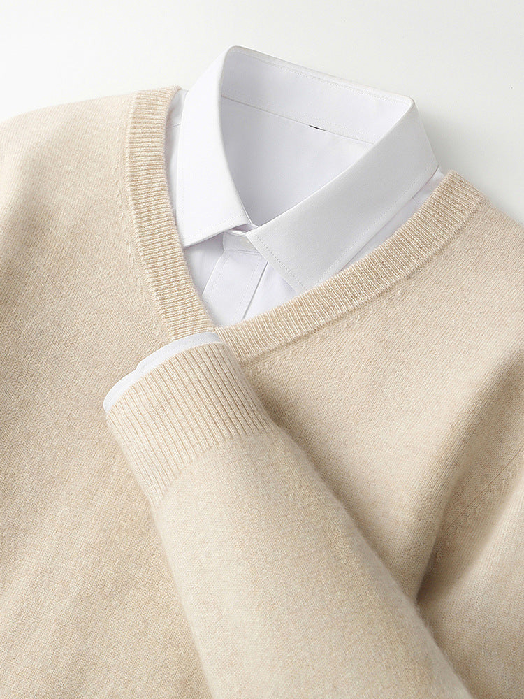 V-Neck Cashmere Sweater – Extra-Thick, Loose-Fit Warm Pullover for Autumn & Winter Wear