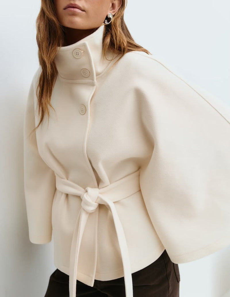 Winter High Neck Batwing Sleeve Coat With Belt Fashion Loose Elegant Button Top Trench Coat | Koalakits36