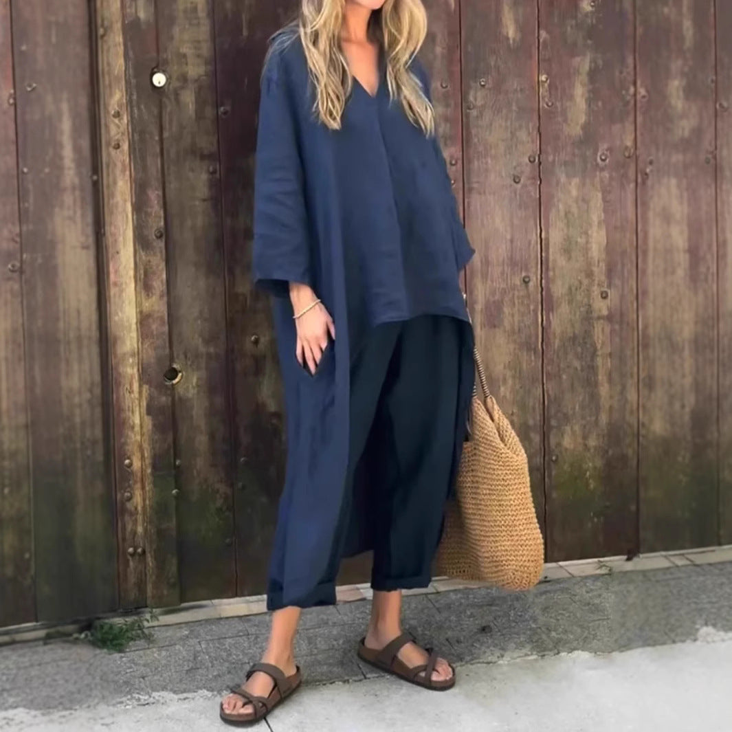 2pcs Long-sleeved Suits Loose V-neck Long Top And High Waist Wide Leg Pants | Koalakits36