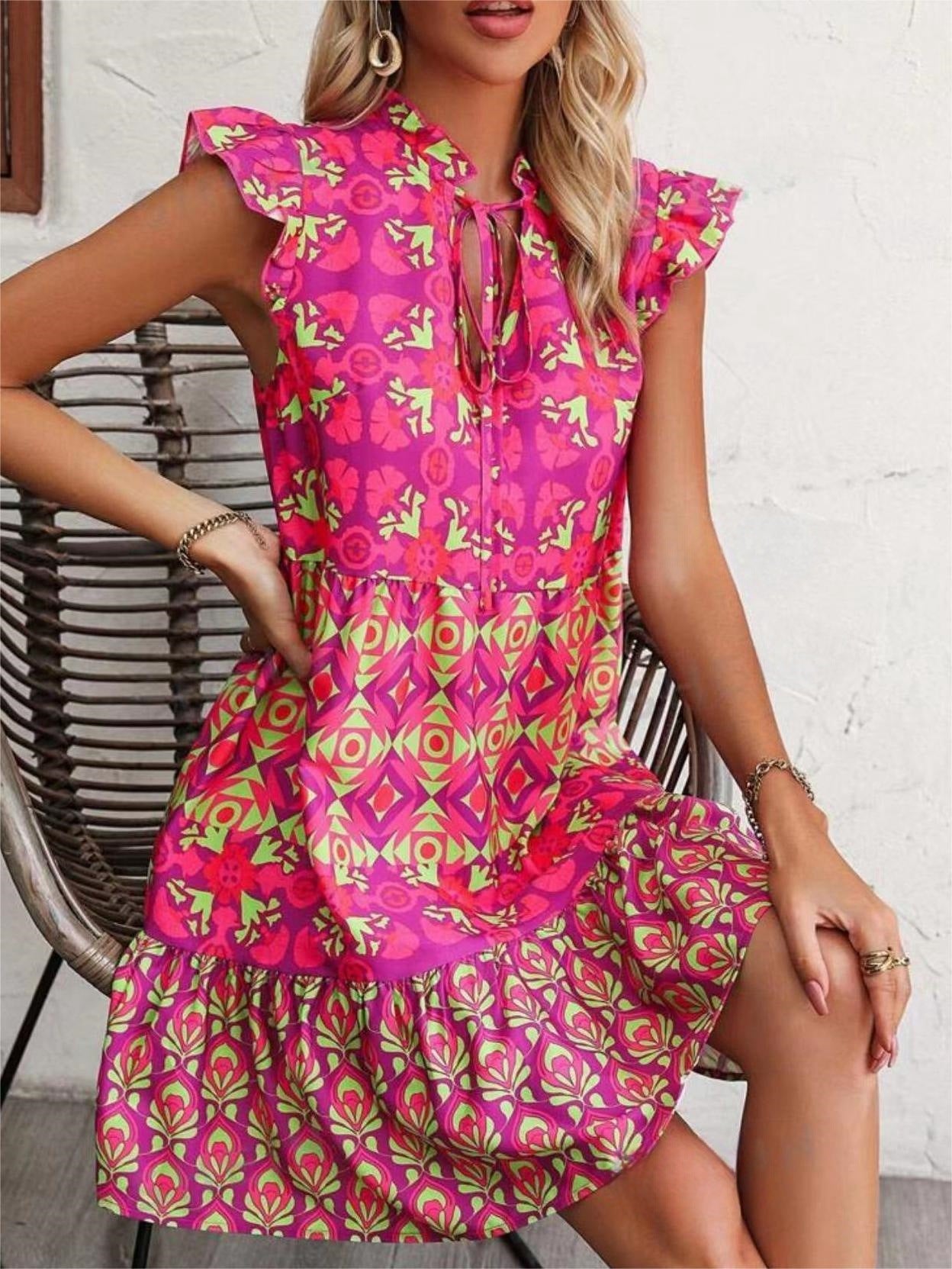 Printed Sleeveless Dress - V-Neck Lace-Up Dresses | Koalakits36