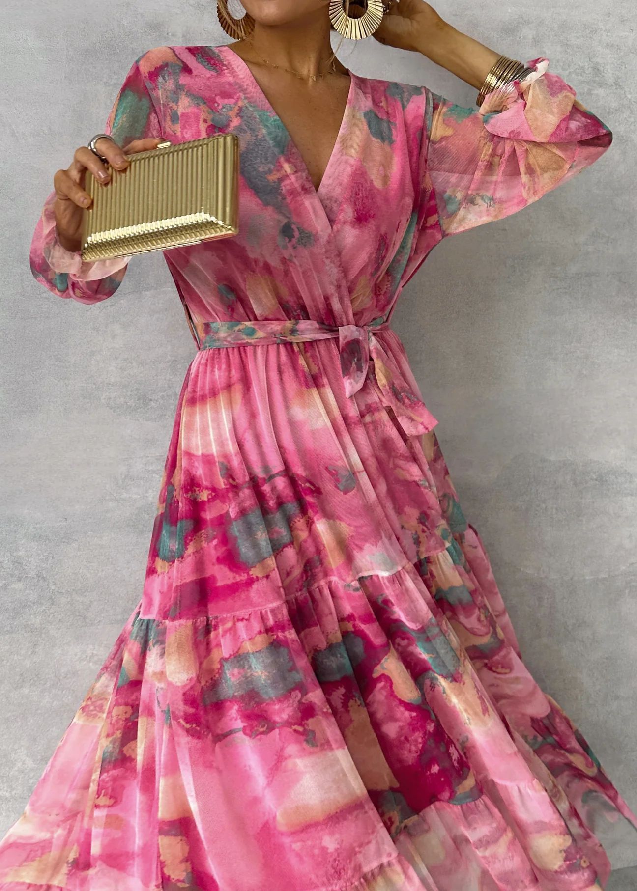 Long-sleeved Floral Print Dress Elegant V-neck Pleated High-waisted Big Swing Chiffon | Koalakits36