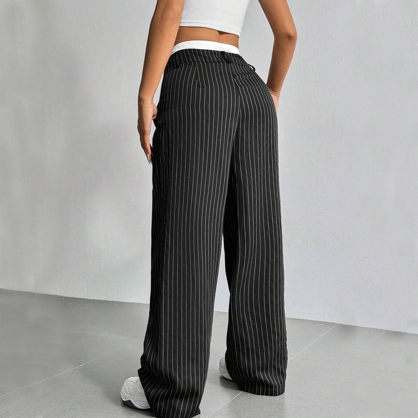 Stripe Printed Trousers Fashion High Waist Straight Leg Pants With Pocket Zipper Casual  | Koalakits36