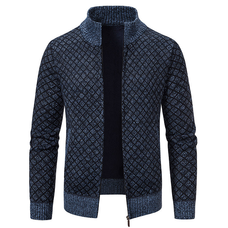 Thickened Plaid Print Jacket Cardigan Fashion Slim Fit Zipper Stand Collar Sweater Winter Men's Casual Long Sleeve Koalakits36