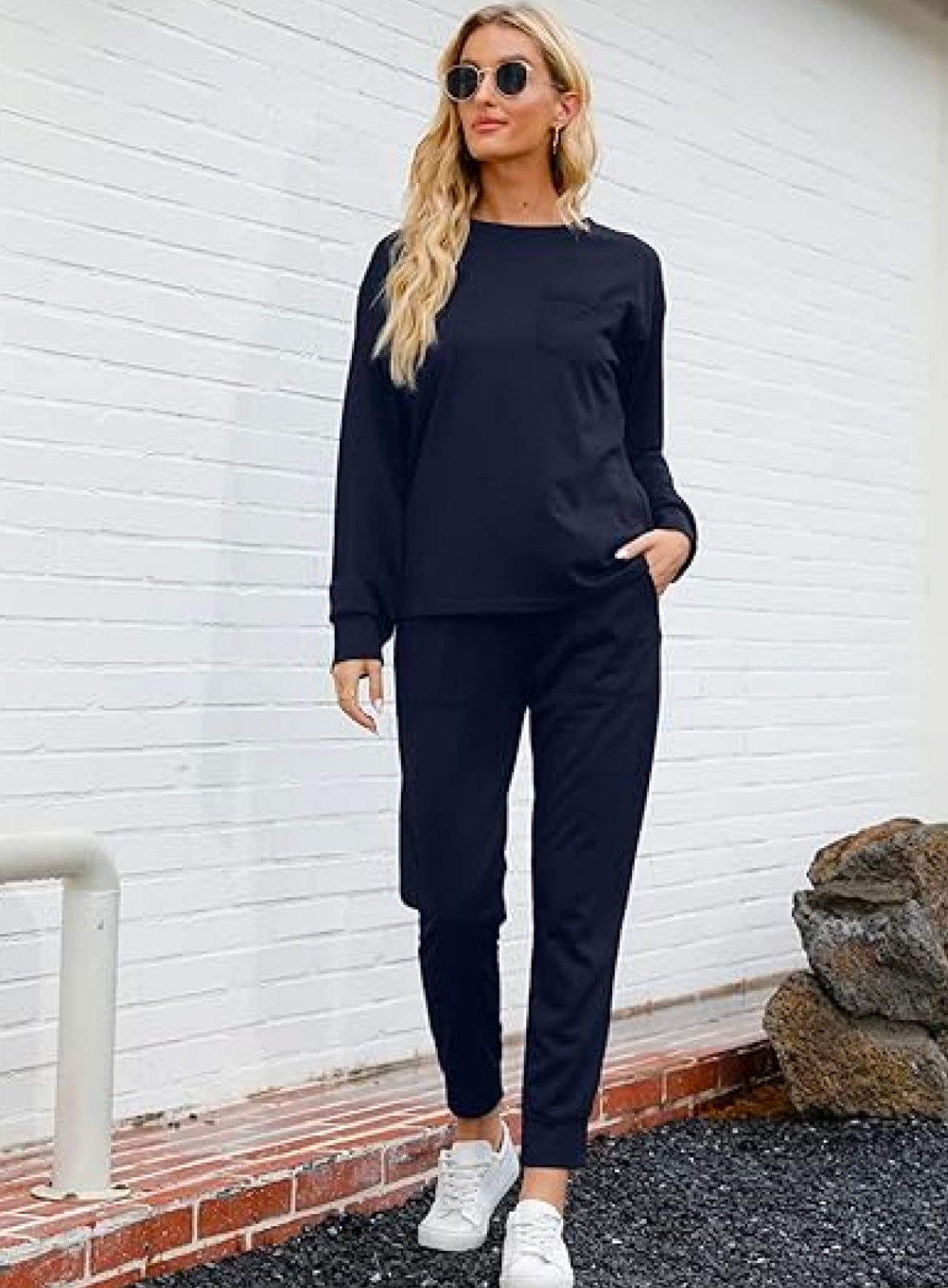Women's Long Sleeve Suit Fashion Pullover Top And Pockets Drawstring Long Pants Solid Color Casual Sports Trouser Suit Clothing Koalakits36