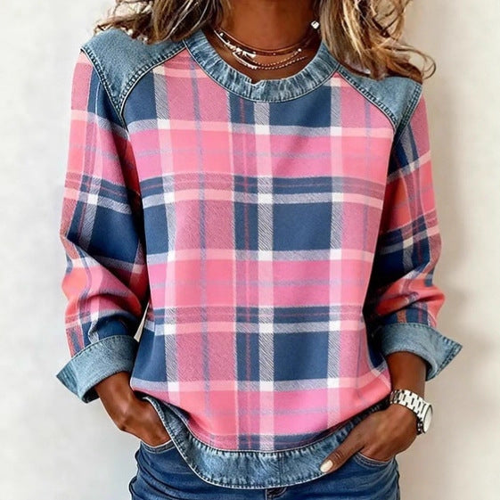 Denim Patchwork Sweatshirt for Women | Long Sleeve Pullover