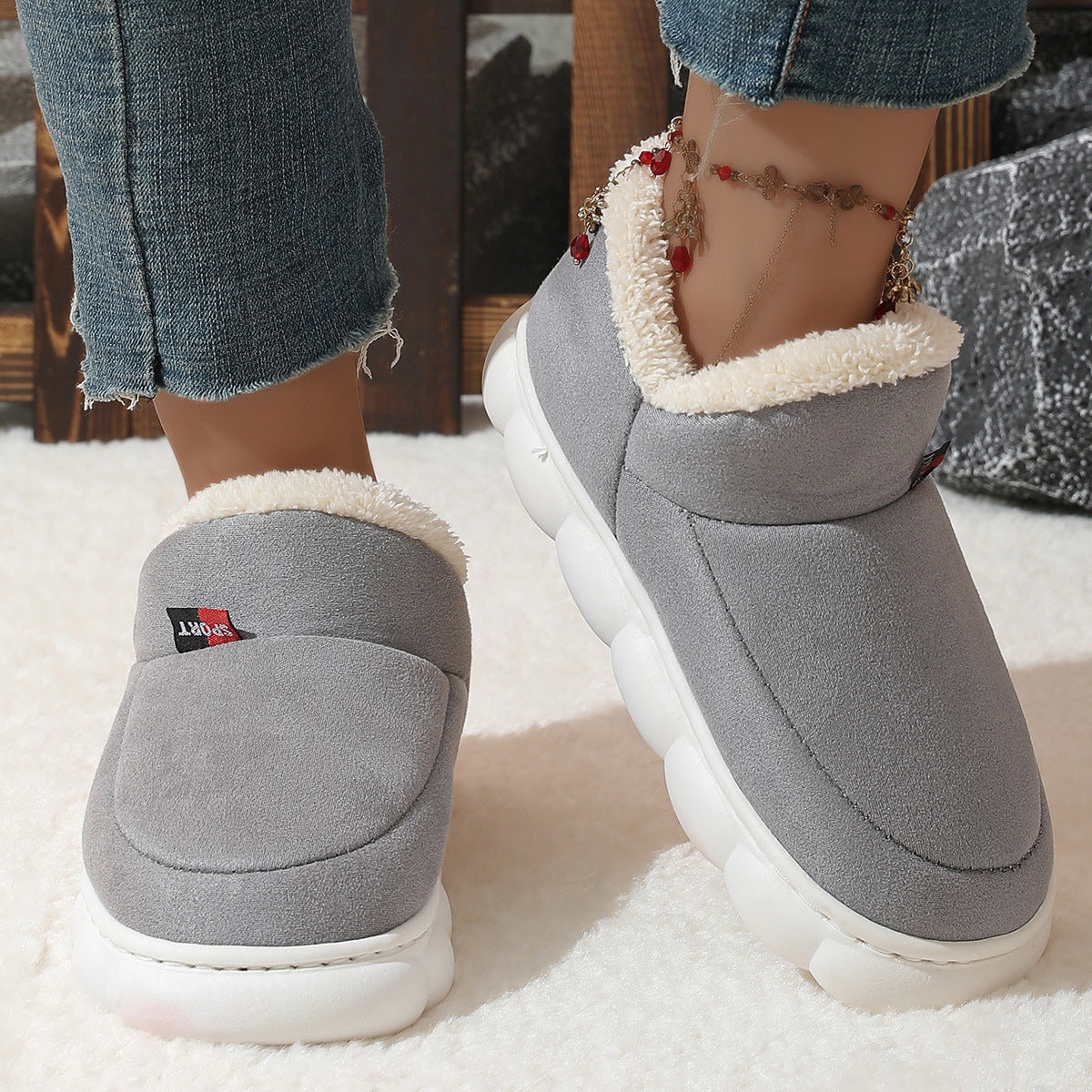 Winter Plush Cotton Shoes Women Men Warm Suede House Shoes For Parents Solid Color Thick-soled