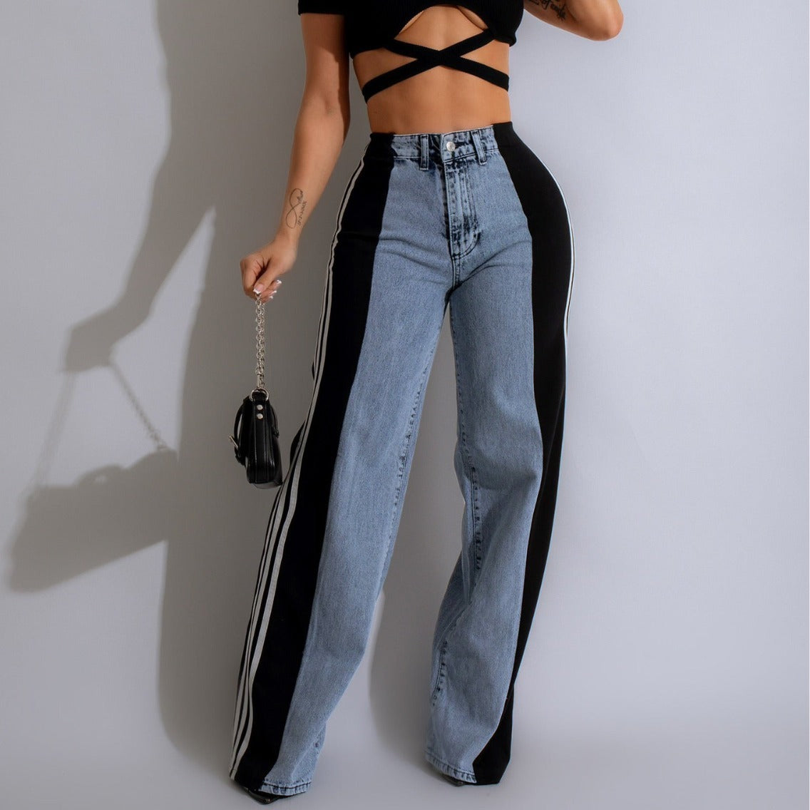 Fashion Casual High Waist Elastic Straight Leg Trousers Three Stripe Patchwork Denim Wide Leg Pants