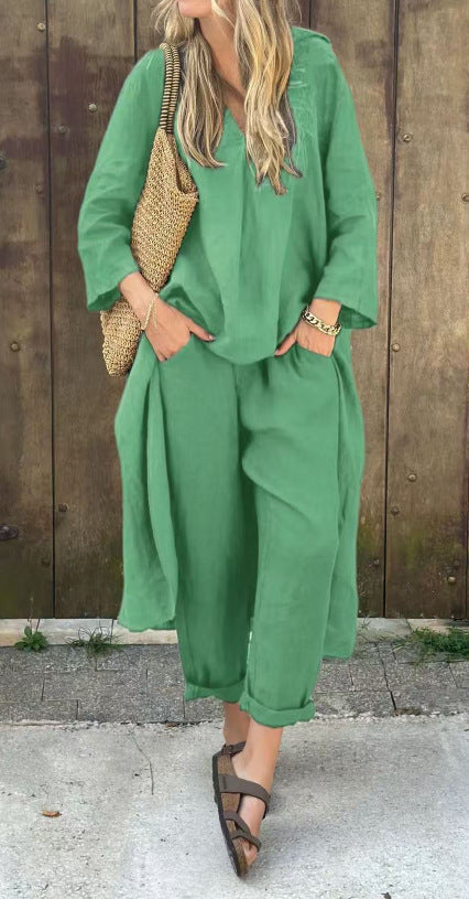 2pcs Long-sleeved Suits Loose V-neck Long Top And High Waist Wide Leg Pants | Koalakits36