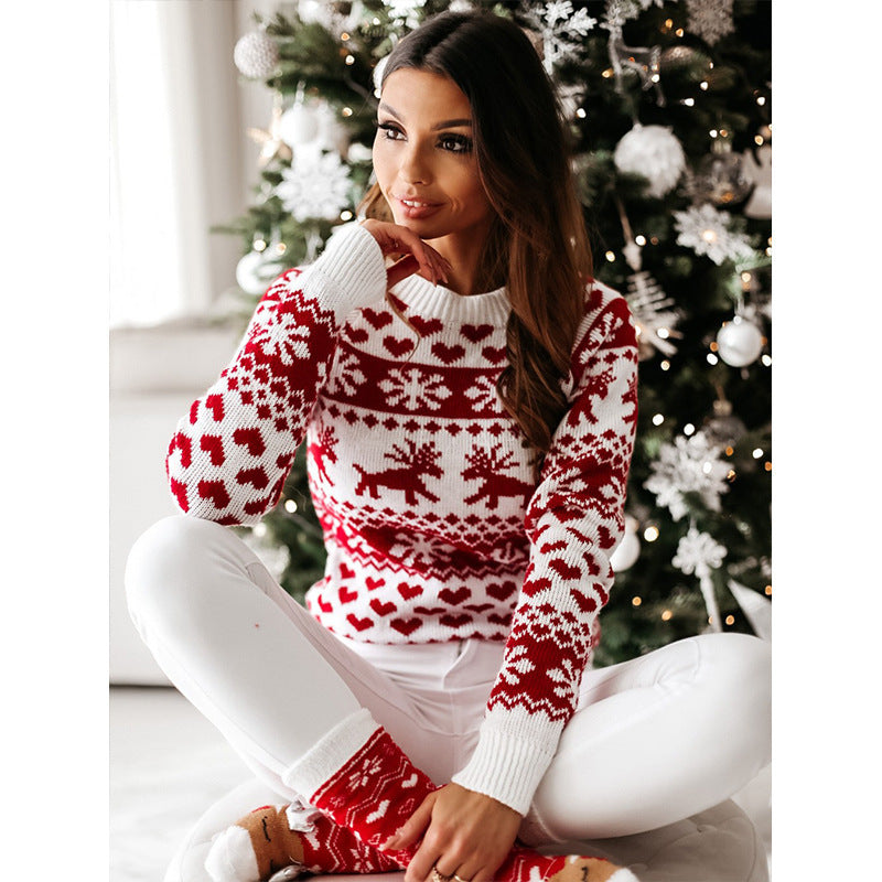 Women Christmas Sweaters Winter Long Sleeve Knitted Sweater Elk Snowflake Print Knitted Jumpers Knitwear Casual Soft Jacquard Pullover Koalakits36