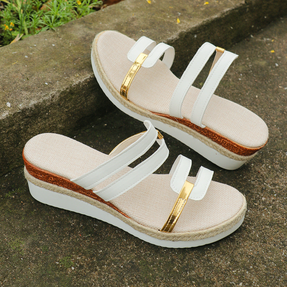 Color block-strap Wedges Sandals Summer Fashion Hemp Heel Slides Slippers Outdoor Thick Bottom Fish Mouth Shoes For Women