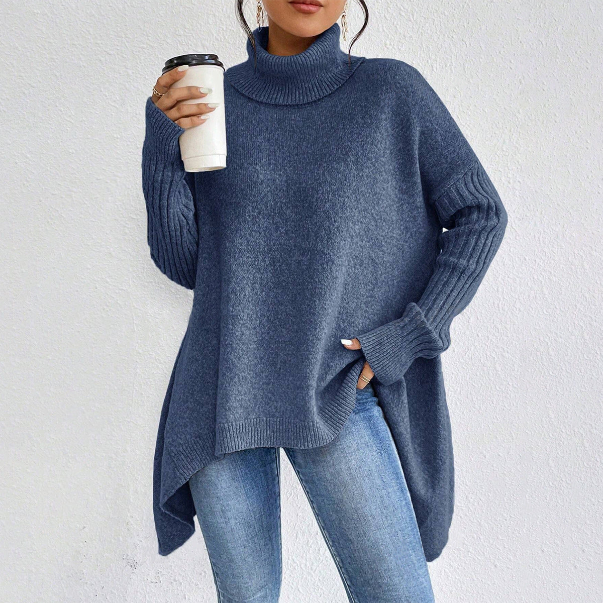 Irregular Turtleneck Sweater Winter Loose Long Sleeve Knitted Tops Leisure Warm Pullover Sweater Koalakits36