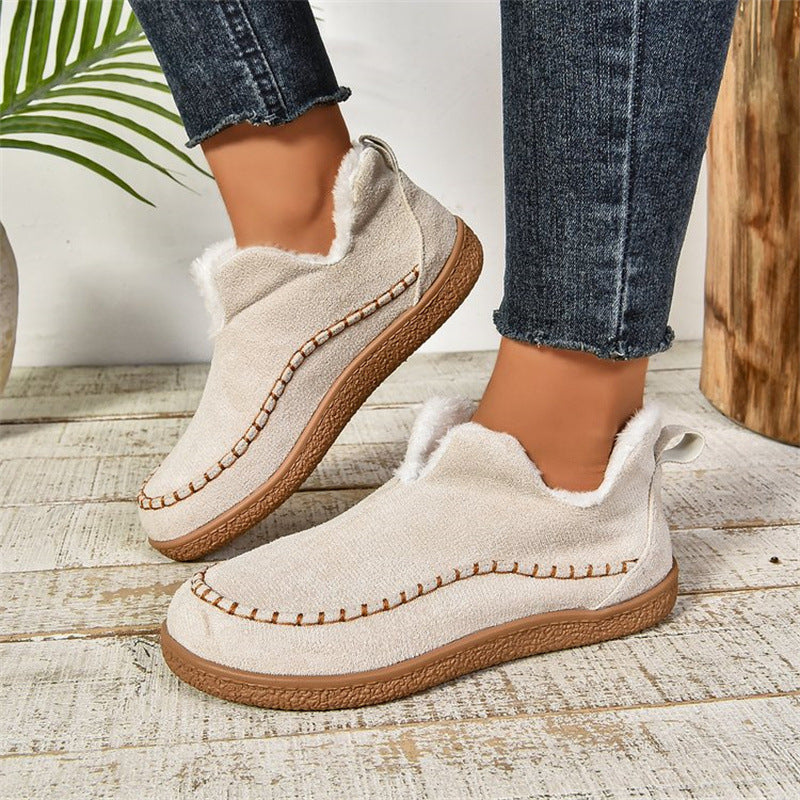 Fashion V-cut Plush Ankle Boots Winter Plus Velvet Flat Snow Boot Casual Warm Solid Suede Cotton