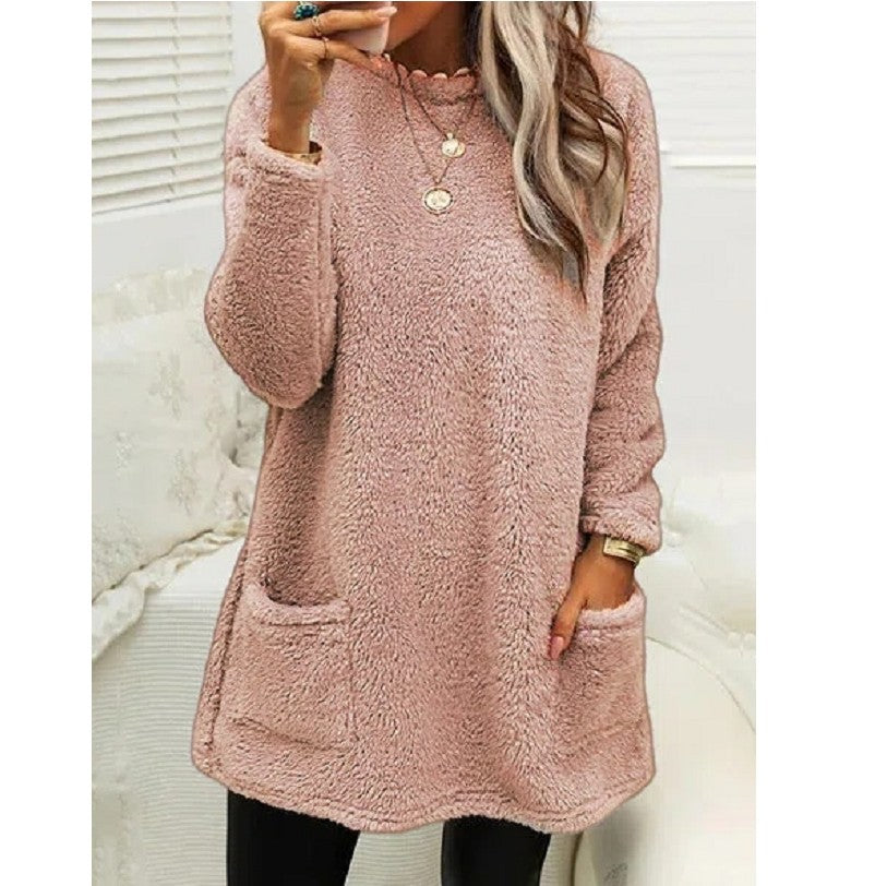 Women's Fleece Pullover Long Sweater With Pockets with Hoodie Winter Warm Thicken Casual Long Sleeve Plush Loose Tops Koalakits36