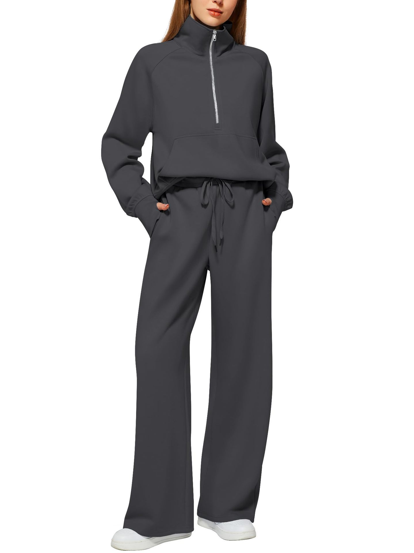 Women’s Solid Color Half-Zip Sweatshirt & Wide Long Pants