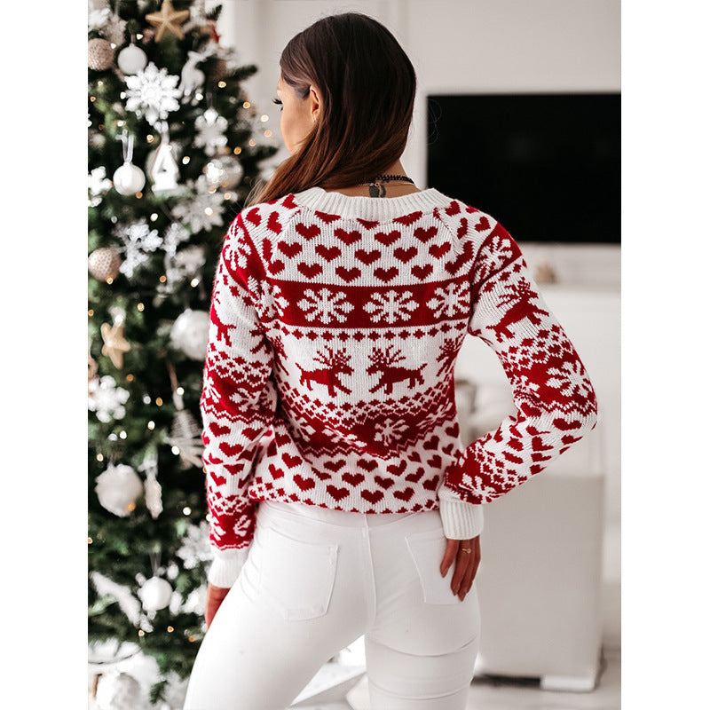 Women Christmas Sweaters Winter Long Sleeve Knitted Sweater Elk Snowflake Print Knitted Jumpers Knitwear Casual Soft Jacquard Pullover Koalakits36