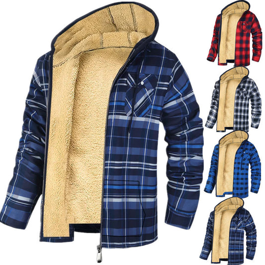 Men's Plaid Print Hooded Zip-Up Jacket Winter Thickened Cotton-padded Coat Warm