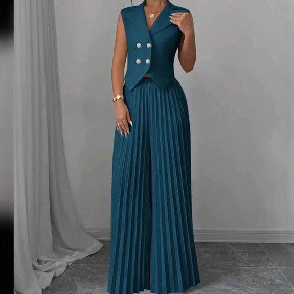Summer Sleeveless Suit Fashion Lapel Button Vest Top And Pleated Straight Pants | Koalakits36