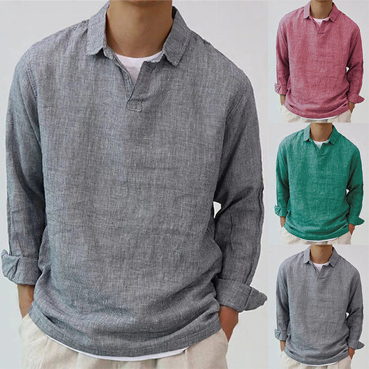 Men's Pullover Shirt Solid Color Long Sleeve Lapel Oversize Casual Top Tee