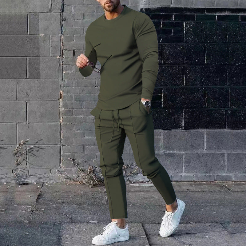 Men's Long-sleeved Suit Slim Crew Neck Pullover T-shirt And Pockets Drawstring Pants Casual Trousers Koalakits36