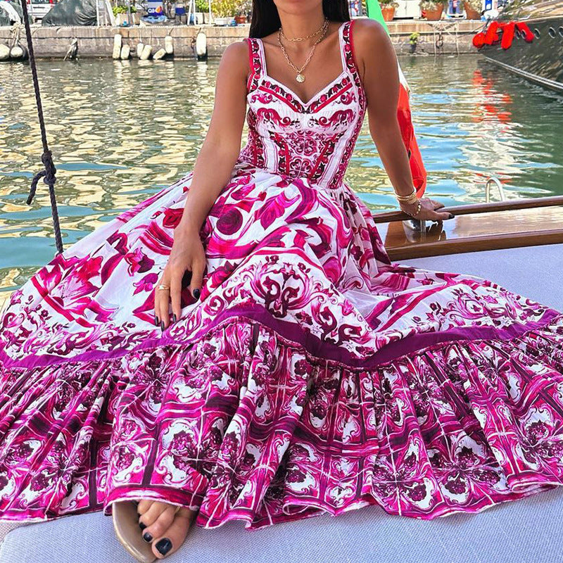 Printed Sleeveless Dress Fashion Spaghetti Waist-controlled Large Hem Dresses For Women | Koalakits36