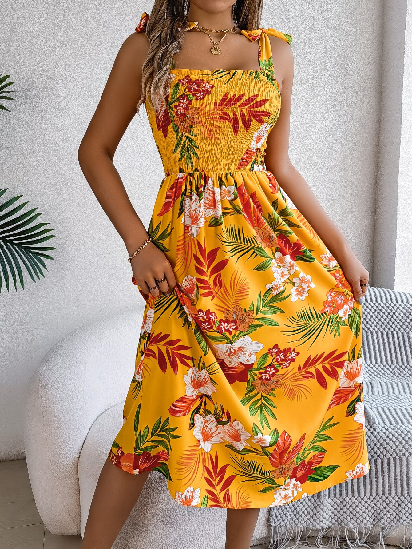 Women's Floral Print Tie Waist Camisole Beach Vacation Maxi Dress