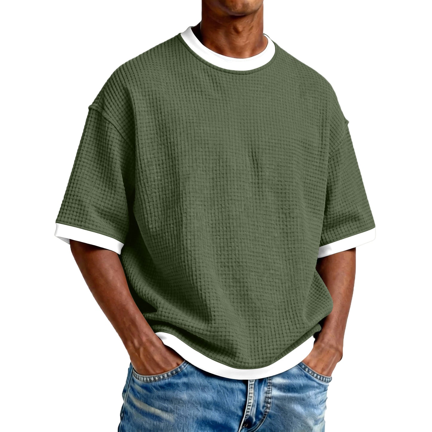 Men's Crew Neck Contrast Color Casual T-Shirt - Cotton Blend Lightweight Short Sleeve Top For Daily Wear