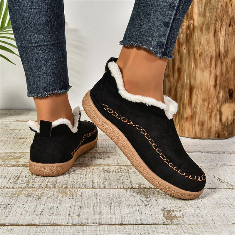 Fashion V-cut Plush Ankle Boots Winter Plus Velvet Flat Snow Boot Casual Warm Solid Suede Cotton