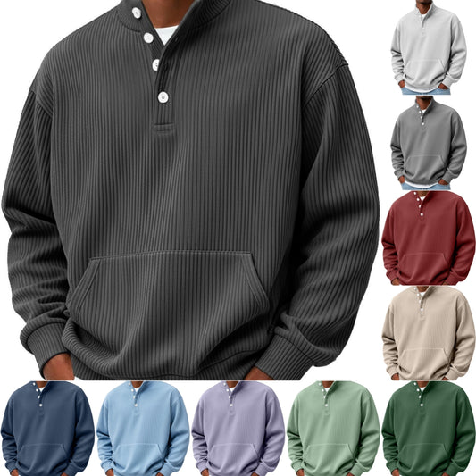 Turtleneck Casual Long-Sleeve Polo Sweatshirt With Pockets For Men Spring Autumn Clothing Loose Button Polo Collar Tees Tops Man Outwear