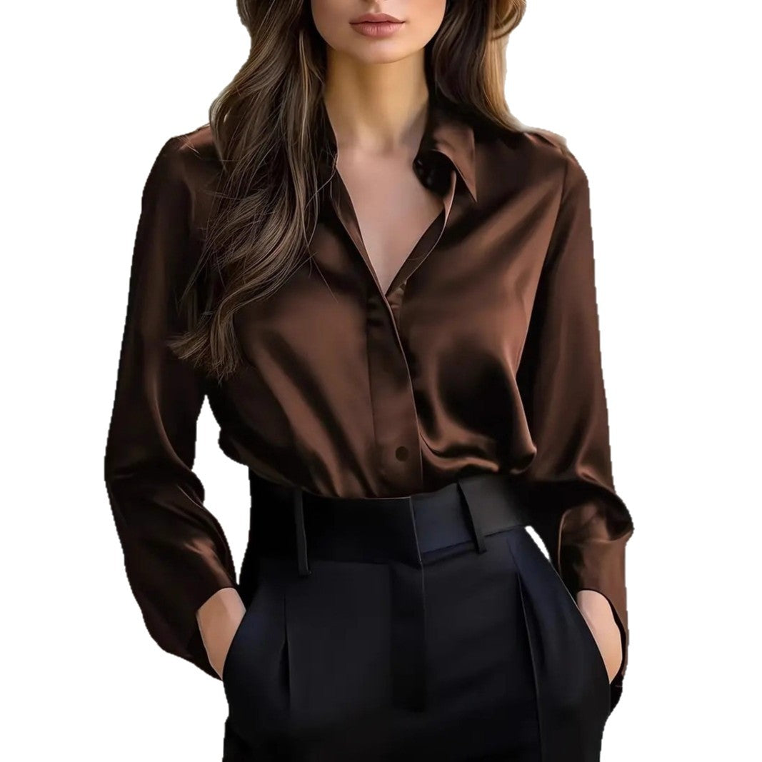 Elegant Satin Long Sleeve Blouse For Women Button-Up Collar Shirt Perfect For Casual Professional Business Work Wear Koalakits36