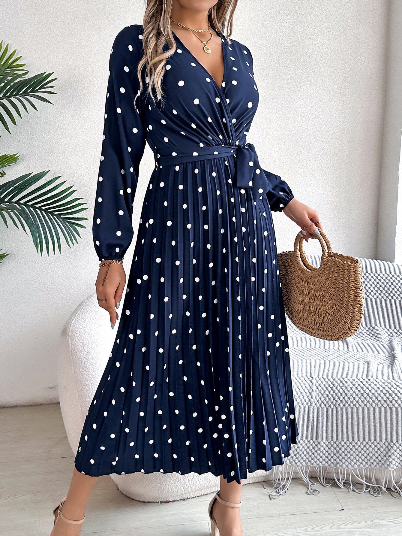 Spring Summer Elegant Long Dress Cross V-Neck Contrast Polka Dot Long Sleeve | Koalakits36