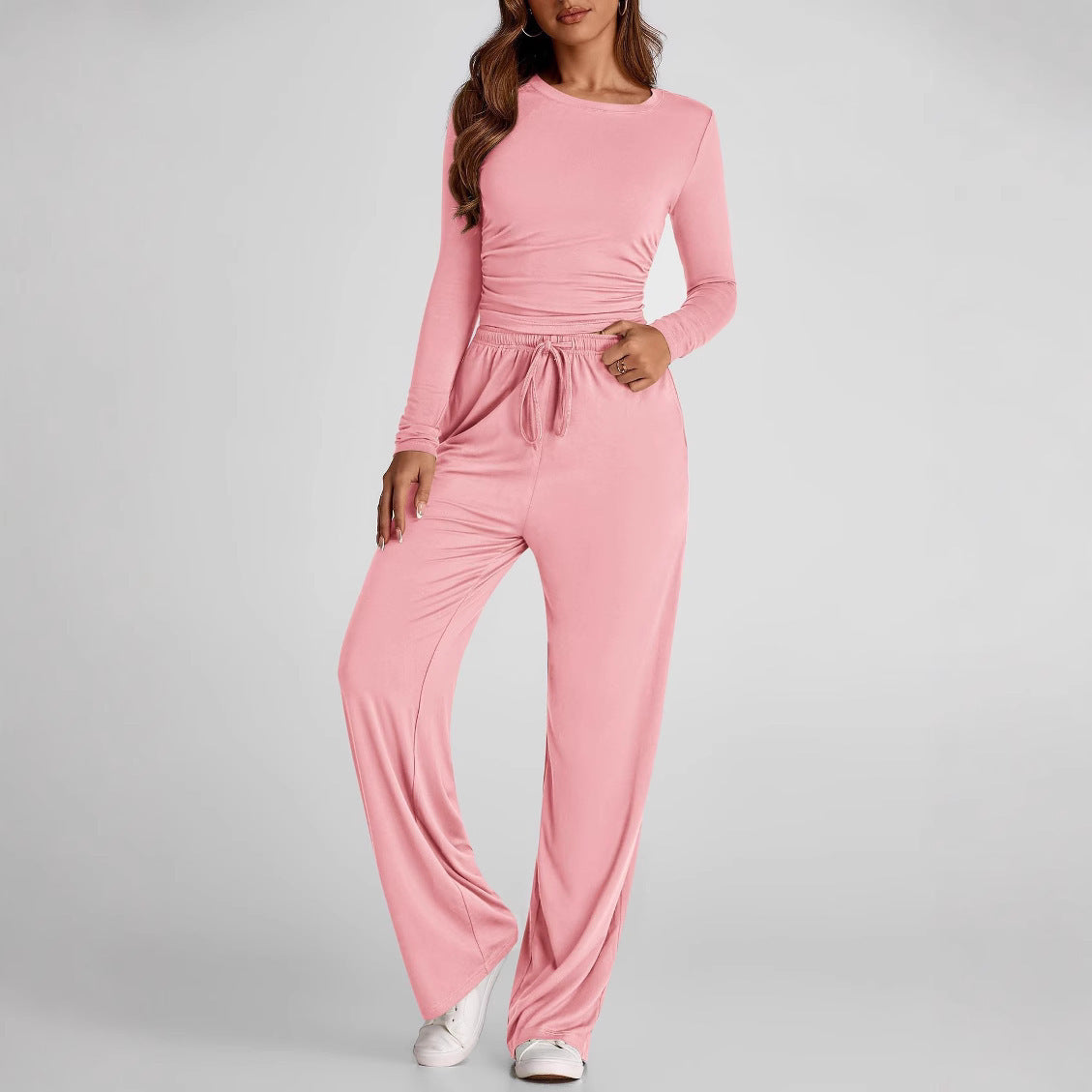 Women's Casual Suit Long Sleeve Tops High Waisted Wide Leg Pants Sportswear Clothes Solid Color | Koalakits36