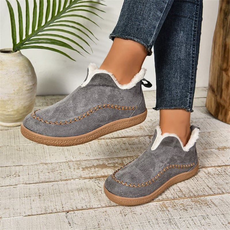 Fashion V-cut Plush Ankle Boots Winter Plus Velvet Flat Snow Boot Casual Warm Solid Suede Cotton