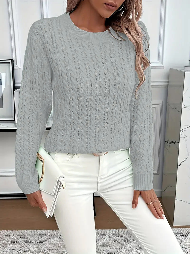 Twist Round Neck Pullover Sweater Fashion Solid Color Long-sleeved Knitted Top Koalakits36
