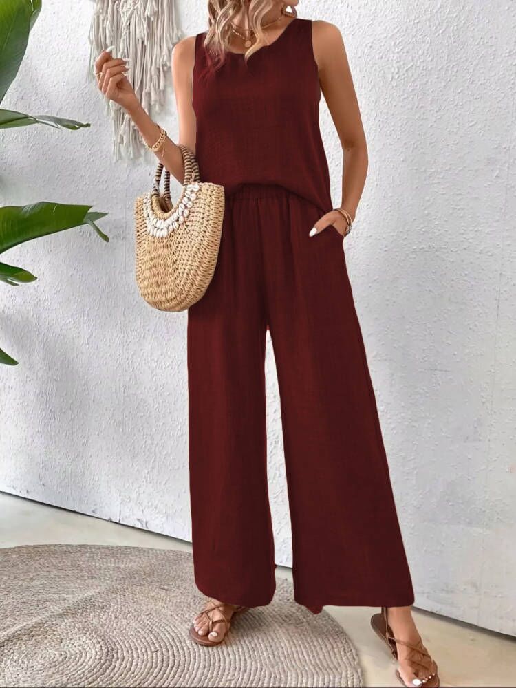 2 Pieces Set Women's Sleeveless Solid Color Back Hollow Lace Suit Summer Trendy Casual Top Wide Leg Pants Set For Daily Wear Holiday Outfit