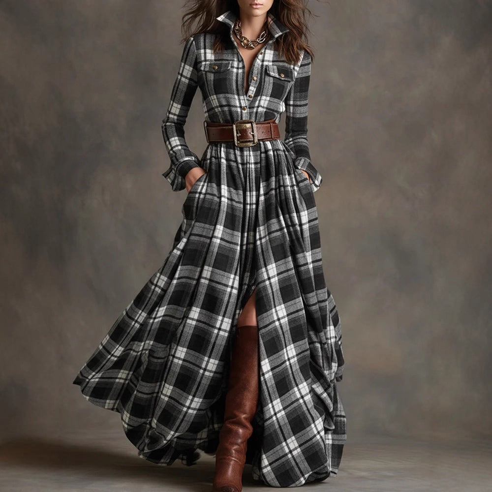 Plaid Print Long-Sleeved Dress Fashion Pockets Collared Buttons Shirt Long Dresses Retro Koalakits36