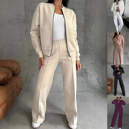 Women's Sports Suits Zipper Jacket And Wide Leg Pants