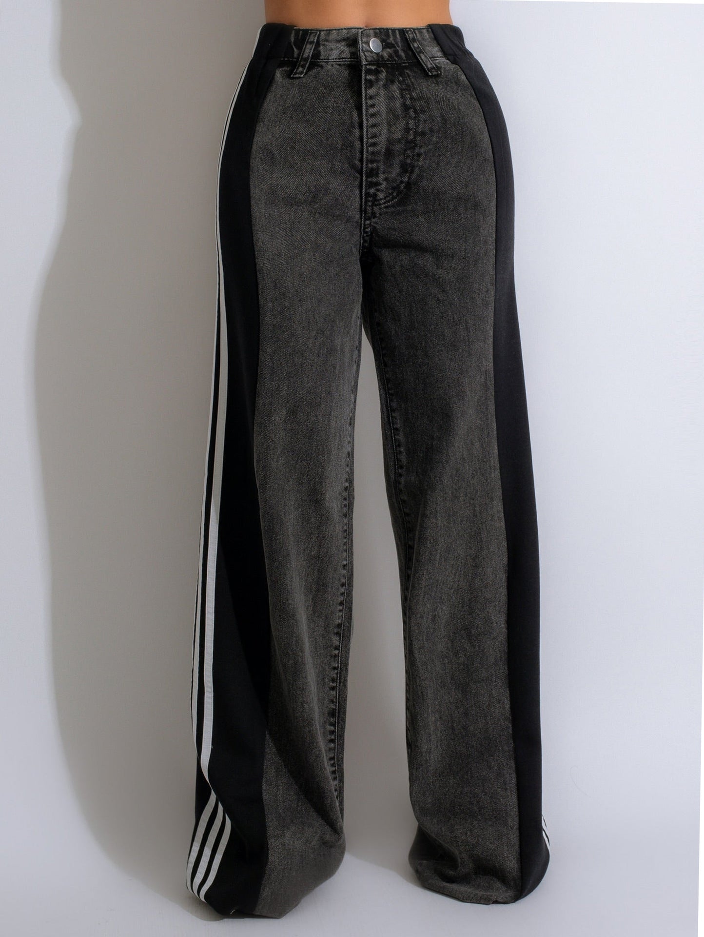 Fashion Casual High Waist Elastic Straight Leg Trousers Three Stripe Patchwork Denim Wide Leg Pants