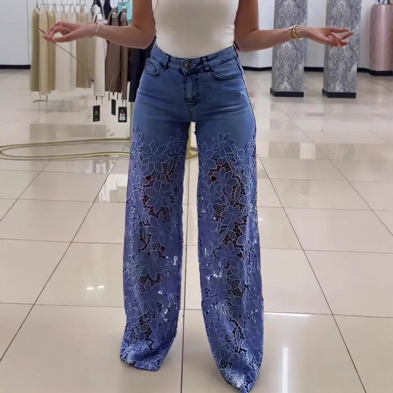 Lace Flowers Hollow Jeans Fashion High Waist Straight Wide Leg Pants Solid Color Trouser | Koalakits36
