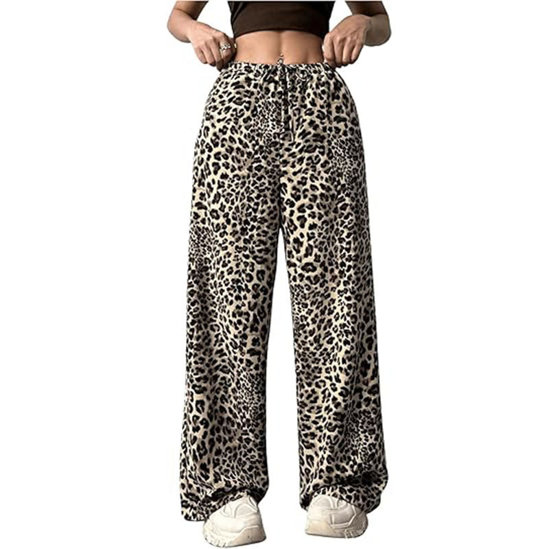 Leopard Print High Waisted Wide-Leg Pants Elegant Drawstring Loose Long Trousers | Koalakits36
