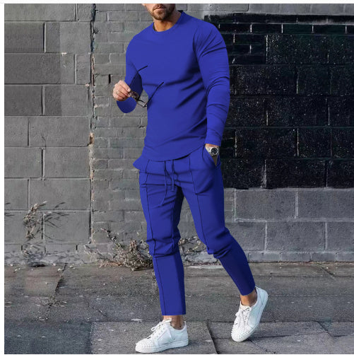 Men's Long-sleeved Suit Slim Crew Neck Pullover T-shirt And Pockets Drawstring Pants Casual Trousers Koalakits36