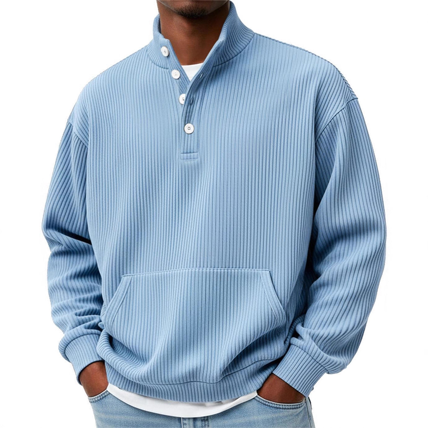 Turtleneck Casual Long-Sleeve Polo Sweatshirt With Pockets For Men Spring Autumn Clothing Loose Button Polo Collar Tees Tops Man Outwear