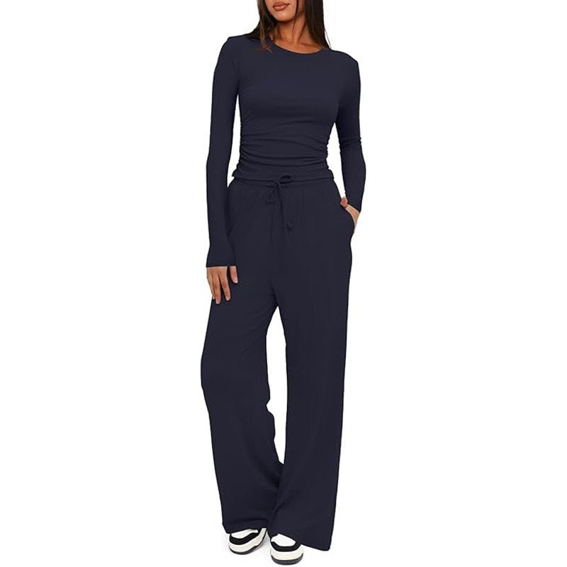 Women's Casual Suit Long Sleeve Tops High Waisted Wide Leg Pants Sportswear Clothes Solid Color | Koalakits36